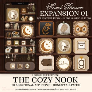 Peut inclure: Écran de téléphone affichant des icônes d'applications sur le thème d'une bibliothèque chaleureuse. Les icônes ont un style dessiné à la main et une palette de couleurs chaudes. Le texte indique "Hand Drawn EXPANSION 01" et "THE COZY NOOK".