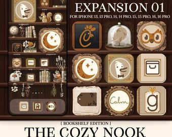 Tema de estantería para iPhone, iconos de estanterías estéticas, paquete de iconos de aplicaciones de lectura para iOS, fondo de pantalla acogedor para libros, fondo de libros, regalo para lectores, 251008bke1