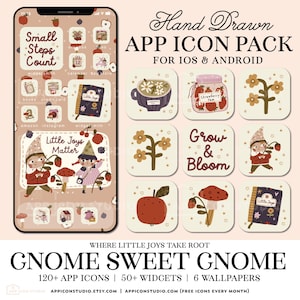 May include: A digital app icon pack featuring hand-drawn illustrations of gnomes, strawberries, mushrooms, and flowers in a warm color palette. The set includes 120+ icons, 50+ widgets, and 6 wallpapers for iOS and Android, displayed on a smartphone screen.