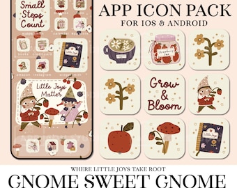 Paquete de iconos de aplicaciones Sweet Gnome: iconos lindos para iOS y Android, 120 iconos personalizados para la pantalla de inicio, widgets y fondos de pantalla, tema de finales de verano y principios de otoño, 260804