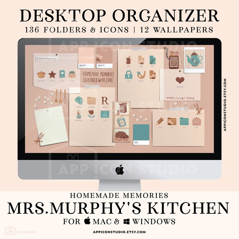 Cottagecore Kitchen Desktop Organizers, Folders and Hand Drawn Folder Icons for your Mac or Windows Desktop to customize your Computer! This hand drawn Wallpaper Organizer Bundle creates a whole new look of your Desktop and keeps you organized!