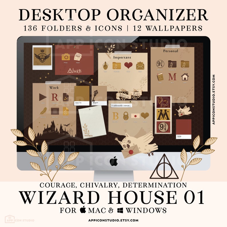High Quality Wizard Desktop Organizers, Folders and Hand Drawn Folder Icons for your Mac or Windows Desktop to customize your Computer! This hand drawn Wallpaper Organizer Bundle creates a whole new look of your Desktop and keeps you organized!