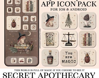 May include: A digital app icon pack featuring a smartphone screen display and individual square icons with illustrations of a toad in a witch hat, herbs, a mushroom, a scale, books, a potion bottle, and the text You are MAGIC.
