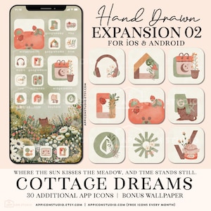 May include: Digital art showing a phone screen with custom app icons and a matching wallpaper. The theme is "Cottage Dreams" with hand-drawn illustrations of bears, flowers, and nature. Text reads "Hand Drawn EXPANSION 02" for iOS & Android.