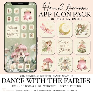 May include: A digital art pack for iOS and Android devices. The image features app icons with fairy tale themes, including a frog with a crown, a mushroom house, and the text "Dance with the Fairies."