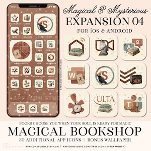 Może przedstawiać: Cyfrowy zestaw ikon aplikacji i tapet zatytułowany Magical & Mysterious Expansion 04 dla systemów iOS i Android. Projekt zawiera brązowo-kremową paletę kolorów z ilustracjami książek, kotów, kruków i zegarów. Tekst zawiera Magical Bookshop.