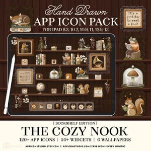 May include: A digital illustration of a cozy bookshelf theme for iPad app icons. The image features a tablet with app icons, a stylus, and decorative elements like books, a gramophone, and a squirrel reading. Text includes "Hand Drawn APP ICON PACK" and "THE COZY NOOK".