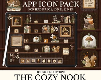 Fondo de pantalla de estantería acogedor para iPad, fondo de estantería, iconos de aplicaciones de libros, paquete de iconos estéticos de lectura de iOS, tema oscuro para iPad, 251008bki