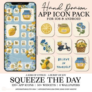 Puede incluir: Un conjunto de más de 120 iconos de aplicaciones dibujados a mano, más de 50 widgets y 6 fondos de pantalla con un tema de limón. Los iconos están en un esquema de color azul claro, amarillo y blanco con ilustraciones de limones, flores y frascos de crema de limón. El texto "Squeeze the Day" aparece en una fuente amarilla y negrita.