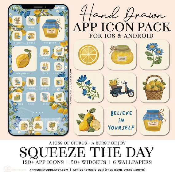 Yellow App Icons iOS Lemon Aesthetic iPhone Icon Pack Phone Wallpapers Widgets Cute App Covers Blue Phone Theme Android Background, 250506