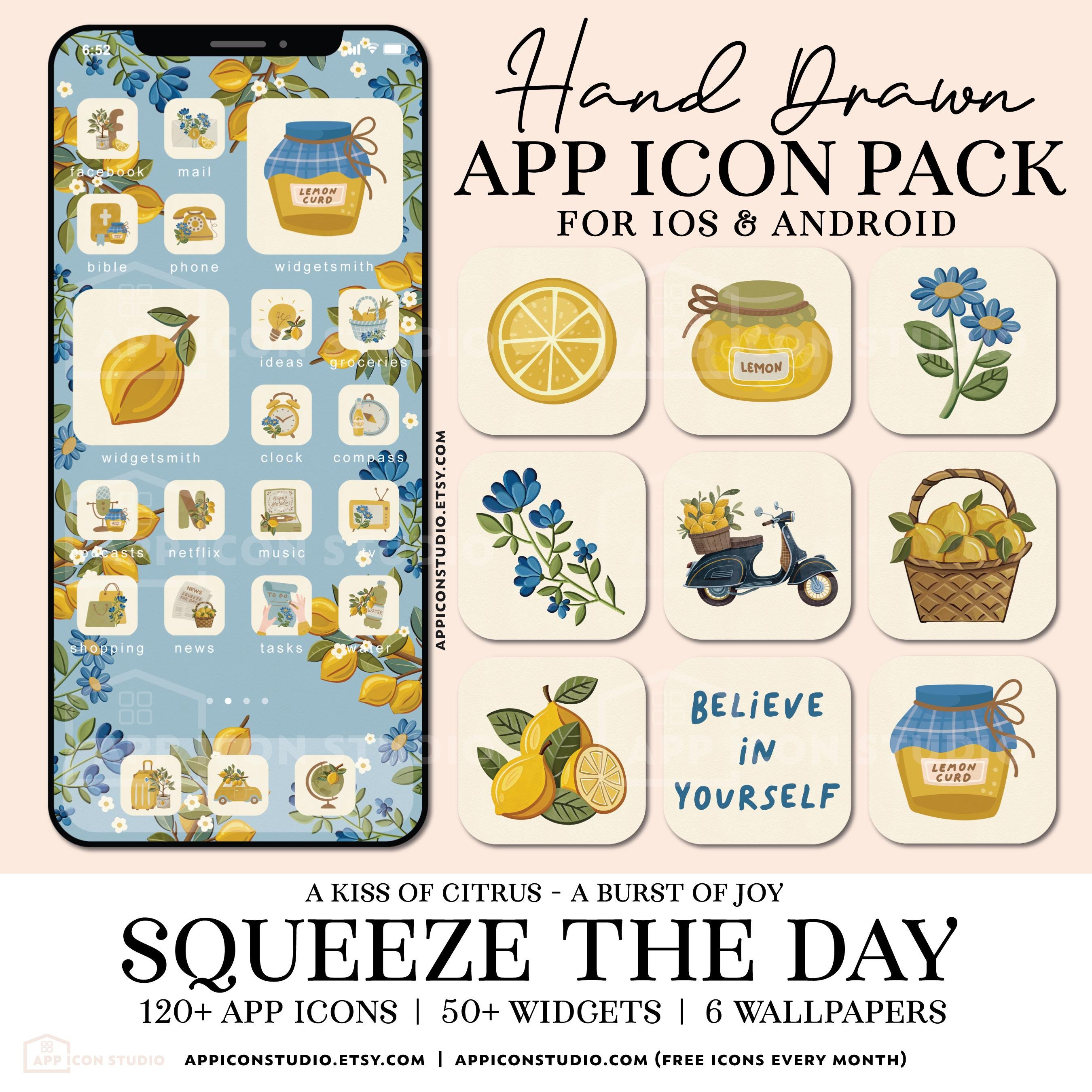 Yellow App Icons iOS Lemon Aesthetic iPhone Icon Pack Phone Wallpapers Widgets Cute App Covers Blue Phone Theme Android Background, 250506