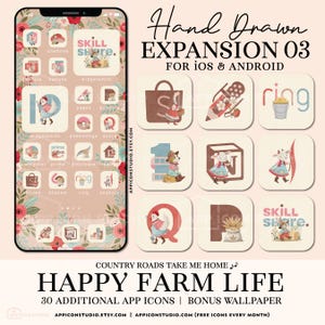 May include: A set of 30 hand-drawn app icons with a farm theme. The icons are in a pastel colour palette and feature cute illustrations of farm animals, plants, and objects. The icons are designed for use on iOS and Android devices. The text "COUNTRY ROADS TAKE ME HOME" and "HAPPY FARM LIFE" is included in the image.