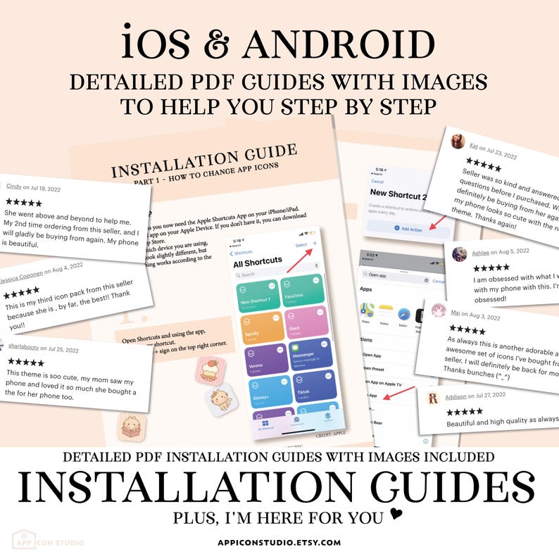 May include: A digital product display featuring iOS and Android installation guides with PDF documents, step-by-step screenshots, and customer reviews. The text reads iOS & ANDROID DETAILED PDF GUIDES WITH IMAGES TO HELP YOU STEP BY STEP.