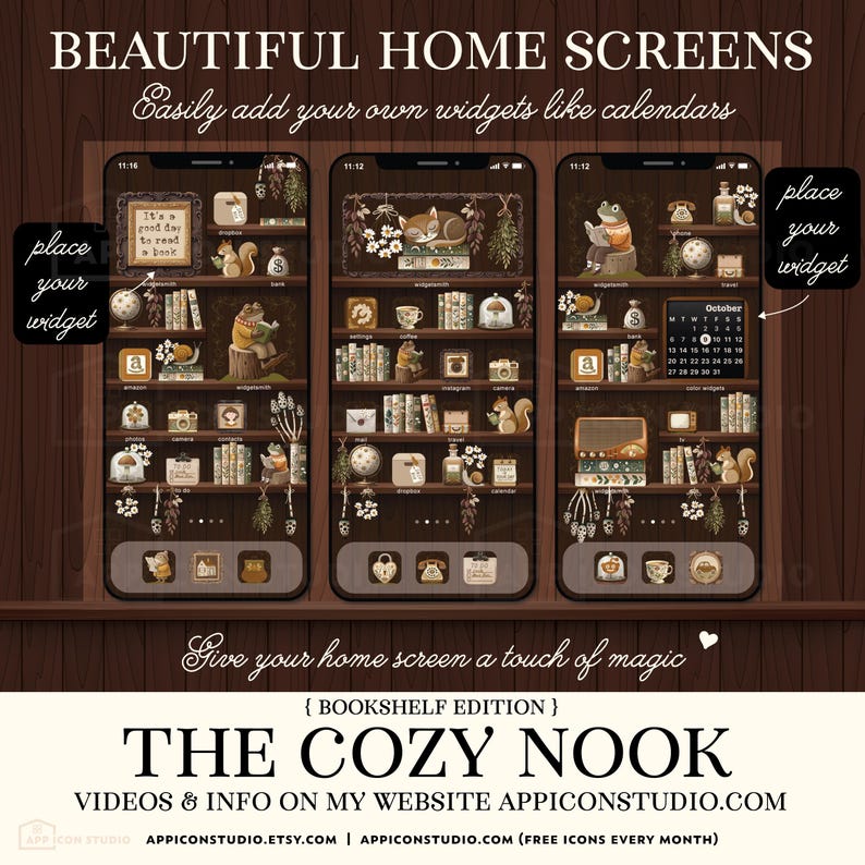 Bookshelf iPhone Theme Bookshelves Wallpaper iOS Book Background Dark Library Academia App Icons Book Club Phone Gift for Reader Bookish Home Screen Dark Bookshelf Goblincore Cozy Autumn Wallpaper Shelf Background iOS 18 by App Icon Studio, by AppIconStudio