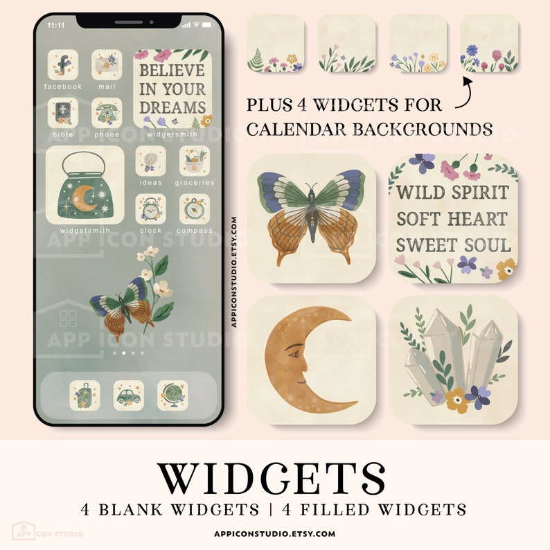 This Watercolor Aesthetic Wildflower App Icon Pack comes with Icons, Widgets and Wallpapers. Use it to customize your Home Screen and to create a whole new look of your device. An easy to understand Installation Guide with Images is included.