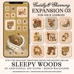 Paquete de expansión de iconos de aplicaciones de otoño para iPhone y Android, tema de animales del bosque en tonos marrones y verdes, más diseños otoñales para combinar con Sleepy Woods, 240808e3