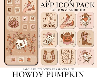 May include: A digital app icon pack featuring hand-drawn illustrations in a beige and brown color palette. Icons include cowboy boots, ghosts in hats, pumpkins, and horseshoes. Text includes "Hand Drawn APP ICON PACK", "TOO CUTE TO SPOOK", "LOVE YOUR SELF", and "HOWDY PUMPKIN".