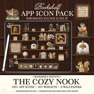 May include: A digital app icon pack titled Bookshelf App Icon Pack for iPad featuring a dark wood shelf theme with illustrations of frogs, squirrels, books, and nature elements. Includes 120+ app icons, 50+ widgets, and 6 wallpapers for iPad models.