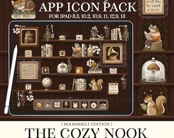 Fondo de pantalla acogedor de estantería para iPad, fondo de estanterías, iconos de la aplicación de libros, iOS, paquete de iconos estéticos de lectura, tema oscuro para iPad, 251008bki