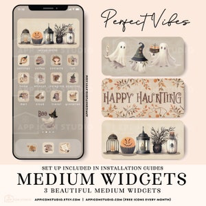 Cute Halloween Aesthetic App Icon Bundle with little ghosts, including Icons, Widgets, Wallpapers and Installation Guides for iOS and Android. A lovely Watercolor Texture makes these app icons and wallpapers unique and special.
