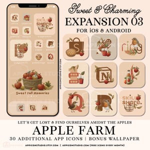 Puede incluir: Un conjunto digital de iconos de aplicaciones y un fondo de pantalla titulado Sweet & Charming Expansion 03 Apple Farm para iOS y Android. El diseño presenta una paleta de colores beige cálido con ilustraciones de manzanas, pájaros y follaje otoñal. Los iconos incluyen letras y símbolos decorados con estos elementos estacionales, mostrados en la pantalla de un teléfono inteligente y como iconos cuadrados individuales.