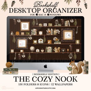 May include: A digital desktop organiser set titled The Cozy Nook, featuring a bookshelf wallpaper with icons for Mac and Windows. The display shows shelves with books, a clock, a calendar, a globe, a snail, and a squirrel reading a book.