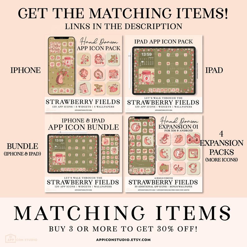 May include: A promotional image showcasing digital app icon packs for iPhone and iPad. The image displays mockups of the app icons on devices, along with the text "Strawberry Fields." Bundles and expansion packs are also featured.