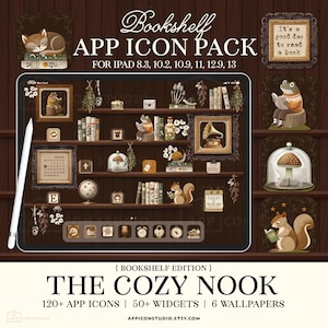 May include: A digital app icon pack for iPad featuring a bookshelf theme with brown wood shelves, various animal illustrations, books, and decorative items. The display shows icons of a frog, squirrel, mushroom, and calendar. Includes a white stylus.