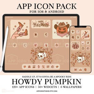 Op de afbeelding: Een digitaal app-icoonpakket voor iOS en Android met een beige en bruin kleurenpalet. De afbeeldingen bevatten cowboylaarzen, een pompoen met een cowboyhoed en een schedel met ranken. Tekst bevat "HAPPY HALLOWEEN" en "HOWDY PUMPKIN".