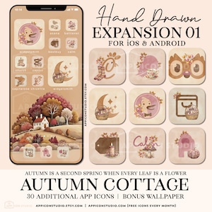 May include: A digital illustration of an autumn-themed phone home screen with a cottage in the background. The screen features 30 hand-drawn app icons with a fall theme, including a duck, a moon, a candle, and a pumpkin. The text "AUTUMN COTTAGE" is displayed at the bottom of the screen.