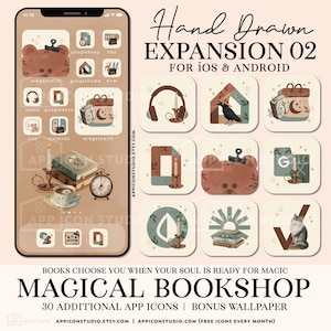 May include: A digital art design featuring a phone with custom app icons and a matching set of icons. The theme is "Magical Bookshop" with a hand-drawn aesthetic. The design includes text that reads "Hand Drawn Expansion 02 for iOS & Android".