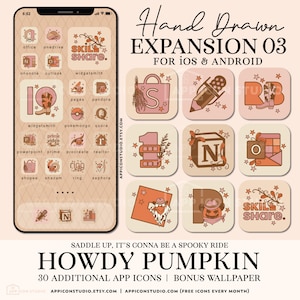 May include: A digital phone screen displaying 30 hand-drawn app icons in a grid pattern. The icons are in a retro style with a peach and brown colour scheme. The icons are for popular apps such as Instagram, TikTok, and Pinterest. The text "Howdy Pumpkin" is at the bottom of the screen. The text "Hand Drawn Expansion 03" is at the top of the screen.