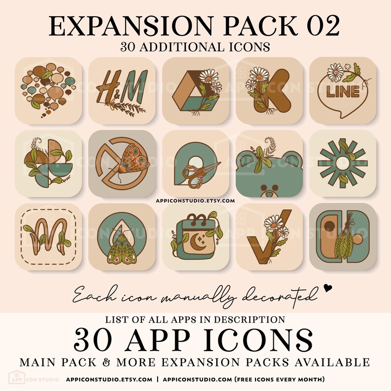 This is Expansion Pack 02 for my Cottagecore Theme Main App Icon Pack. It includes 30 additional icons and it is the perfect addition if you need more icons to customize your home screen. Installation Guides for iOS and Android are included.
