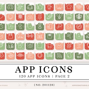 Pu&ograve; includere: 120 icone di app in una griglia, con un tema invernale innevato. Ogni icona &egrave; un quadrato con un contorno bianco e uno sfondo colorato. I colori sono rosso, verde e rosa. Le icone sono disposte in una griglia di 8 righe e 10 colonne. Il testo "APP ICONS" &egrave; nella parte inferiore dell'immagine, insieme al testo "120 APP ICONS | PAGE 2" e "{NO. 201128}".
