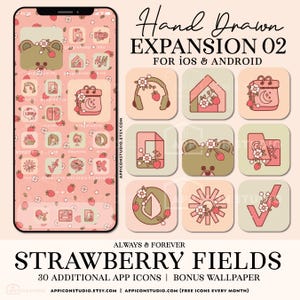 May include: A digital product featuring a phone screen and app icons with a strawberry theme. The icons include a bear, headphones, and a calendar. The text reads "Hand Drawn EXPANSION 02" and "STRAWBERRY FIELDS".