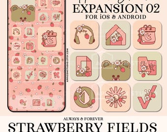 Iconos de fresa para iOS y Android Fresas rosas y verdes Iconos de aplicaciones estéticas Linda pantalla de inicio Tema de pantalla de inicio de fresa, 210409e2