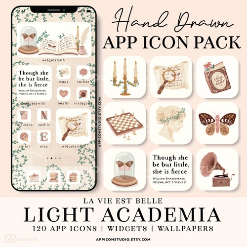 Icone Light Academia per app iPhone, widget e sfondi estetici iOS 26 disegnati a mano, pacchetto schermata iniziale beige, 220323