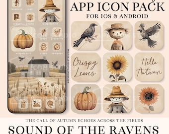 May include: A digital app icon pack featuring autumn-themed graphics including scarecrows, pumpkins, sunflowers, and ravens. The set includes icons for iOS and Android, displaying text like "Crispy Leaves" and "Hello Autumn" in a beige color palette.