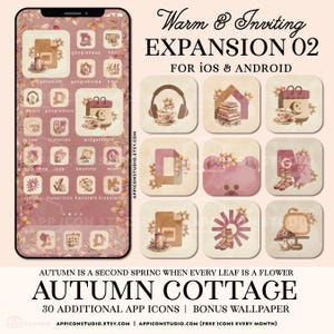 May include: A digital set of Warm & Inviting Expansion 02 app icons for iOS and Android featuring an Autumn Cottage theme. The icons display soft brown and pink tones with illustrations of leaves, candles, books, and cozy items on a smartphone screen.