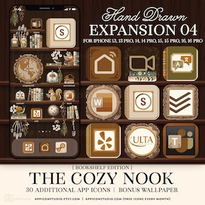 Puede incluir: Una pantalla de teléfono digital muestra iconos de aplicaciones con un tema de estantería acogedora. Los iconos son en tonos marrones y beige, con marcos decorativos. El texto dice "Hand Drawn EXPANSION 04" y "THE COZY NOOK".