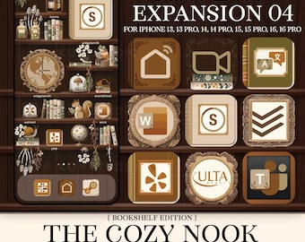 Estantería para la pantalla de inicio del iPhone. Estética estantería. Fondo iOS 26. Icono de la app de lectura. Fondo de pantalla de libro. Estantería personalizada y acogedora. 251008bke4