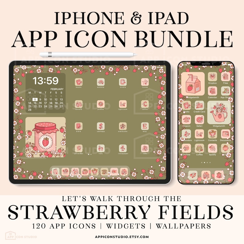 Strawberry Aesthetic App Icon Bundle for iPhone and iPad, Cottagecore Hand Drawn Icon Pack, Summer App Covers, Pink and Green Icons, 210409b image 1
