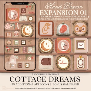 May include: A phone screen displaying a custom app icon set with a cottagecore theme. The icons feature a bookshelf design with various illustrations, including a moon, a goose, and a bird in a glass dome. The text reads "Hand Drawn Expansion 01" and "Cottage Dreams".