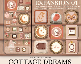 Tema de iconos de la aplicación Cottage Garden para iPhone, configuración de pantalla de inicio de iOS con estética de estantería Cottagecore, 260303bke1