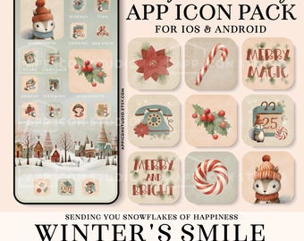 May include: A digital app icon pack featuring winter-themed illustrations including a squirrel in a hat, candy canes, holly, a vintage telephone, and a snowy village. The text reads Peaceful & Charming APP ICON PACK FOR IOS & ANDROID.