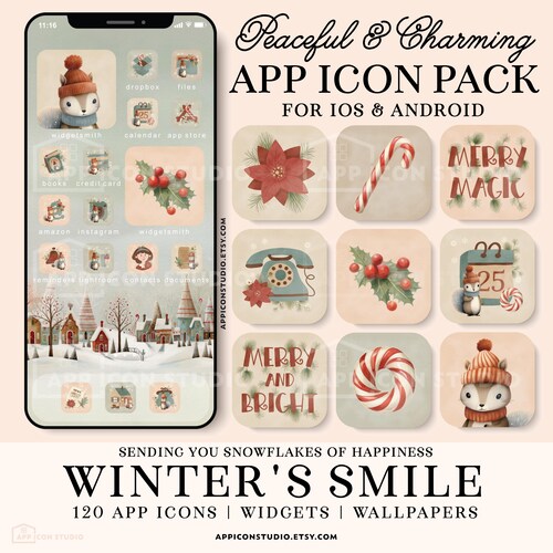 Ästhetische App-Icons, Winter-Widgets und -Hintergründe, festliches Weihnachtsthema mit Schnee, niedlichen Eichhörnchen, iOS- und Android-Anpassung, 231128