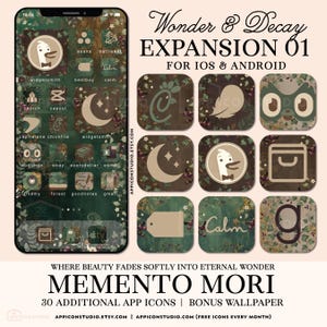 Może przedstawiać: Cyfrowy zestaw ikon aplikacji zatytułowany Wonder & Decay Expansion 01 dla systemów iOS i Android. Kolekcja zawiera ciemnozielone, brązowe i kremowe ikony z motywami botanicznymi, w tym kaczkę, księżyc oraz różne litery na smartfonie.