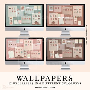 May include: Four digital desktop wallpapers featuring a collage of illustrations and text. The wallpapers are in four different colorways: pink, green, brown, and beige. The illustrations include a house, a star, a bicycle, a camera, a teapot, a music note, a heart, and a letter. The text includes the words "Work", "Personal", "Important", and "Ideas".