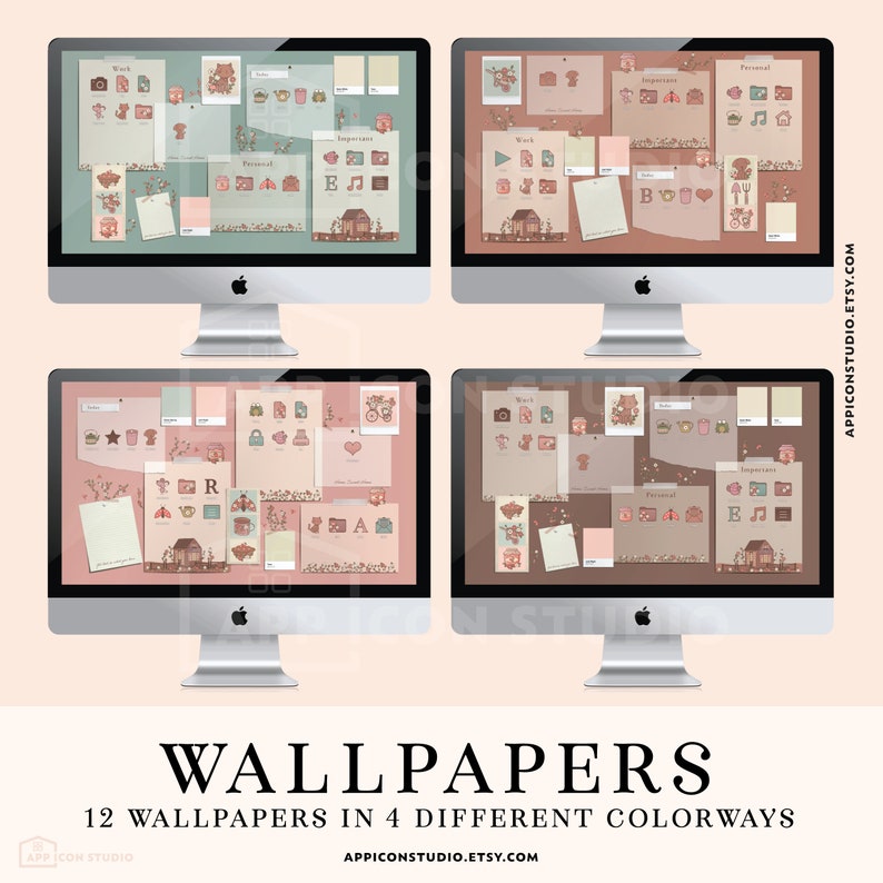 May include: Four digital desktop wallpapers featuring a collage of illustrations and text. The wallpapers are in four different colorways: pink, green, brown, and beige. The illustrations include a house, a star, a bicycle, a camera, a teapot, a music note, a heart, and a letter. The text includes the words "Work", "Personal", "Important", and "Ideas".