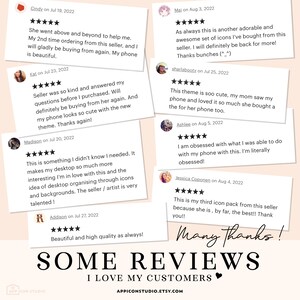 Pu&ograve; includere: Un collage di recensioni dei clienti per un prodotto digitale, come icone per il telefono o temi per il desktop. Le recensioni sono positive e mettono in evidenza la qualit&agrave; e la creativit&agrave; del prodotto. Il testo include frasi come "oltre le aspettative", "cos&igrave; carino", "ossessionato" e "alta qualit&agrave;".